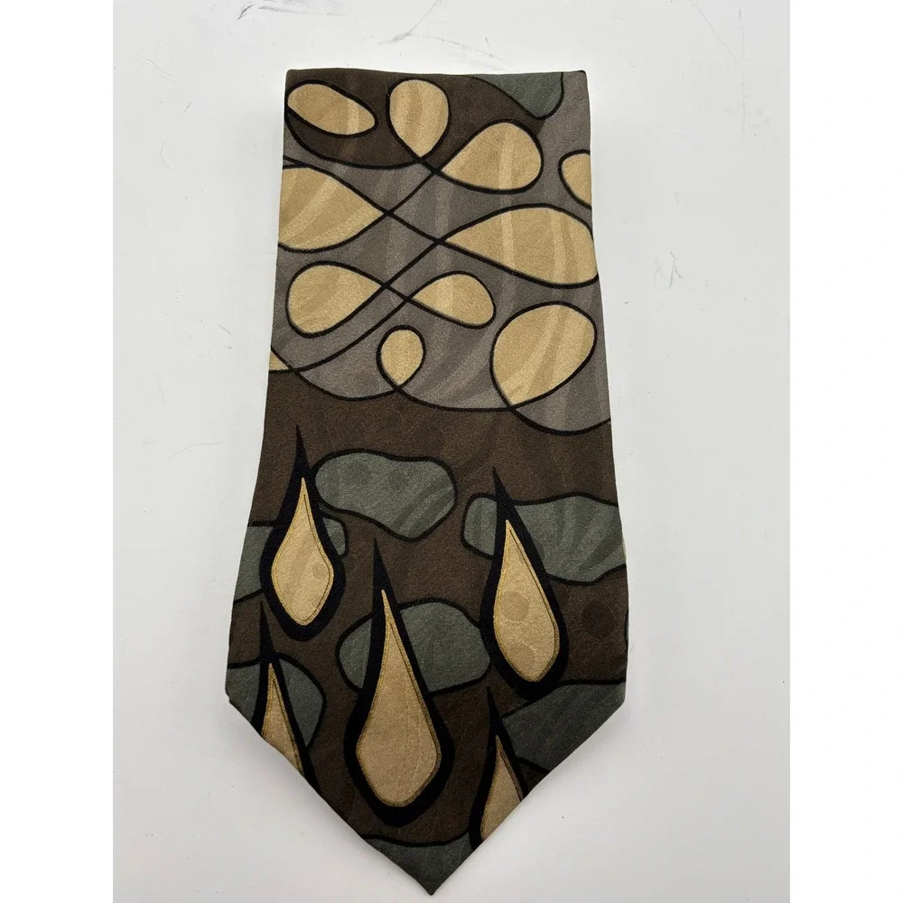 Cellini Uomo Men's 100% Silk Abstract Geometric Necktie Gold Gray Made in USA